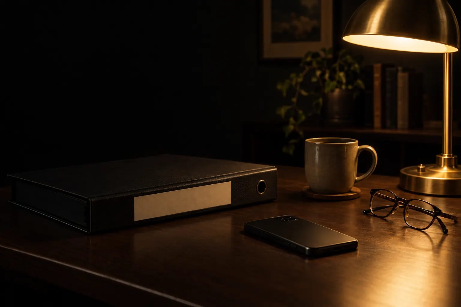 A calm, prepared desk at night with a binder and a phone
