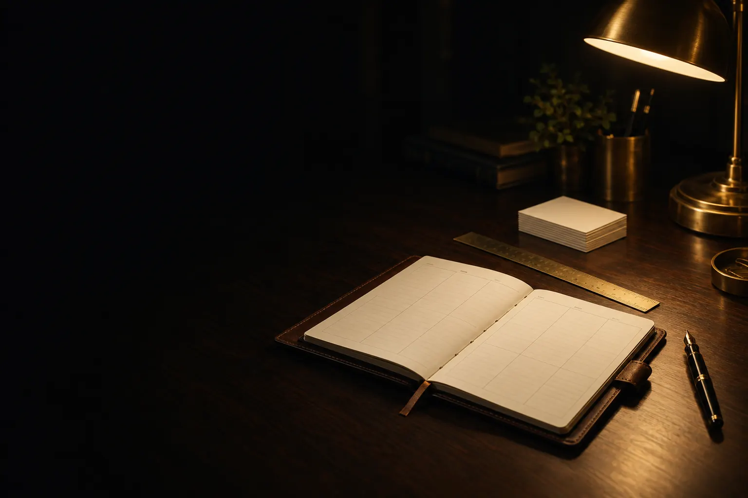 A tidy desk at night with an open planner, a brass ruler and a lamp
