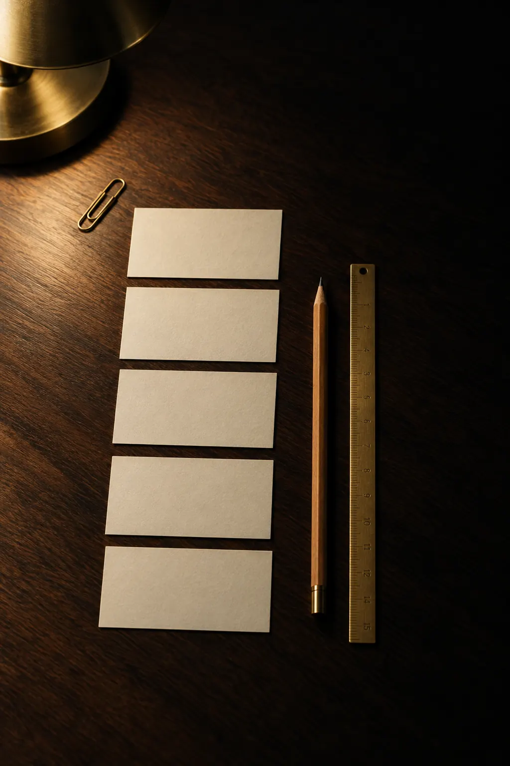 Five blank index cards laid out in sequence on a dark desk