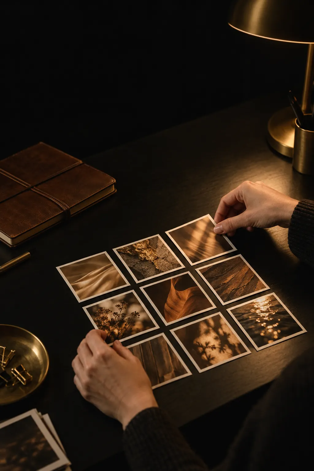 Hands arranging printed photo proofs in a neat grid beside a leather notebook